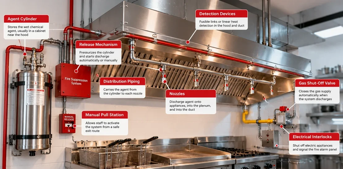 Diagram of a kitchen fire suppression system showing agent cylinder, detection, nozzles, pull station, and gas shut-off valve