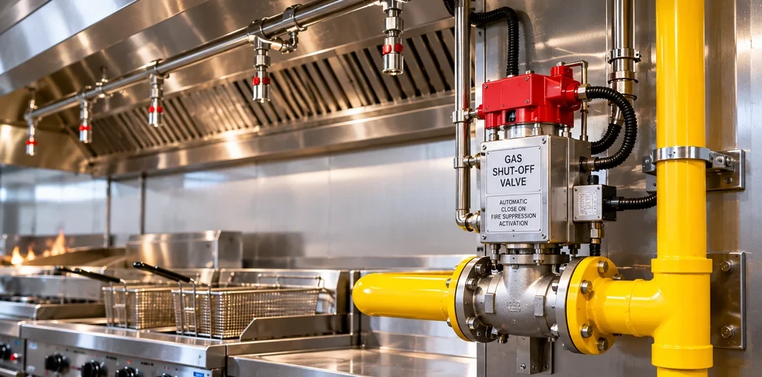 Automatic gas shut-off valve connected to a kitchen fire suppression system in a commercial kitchen
