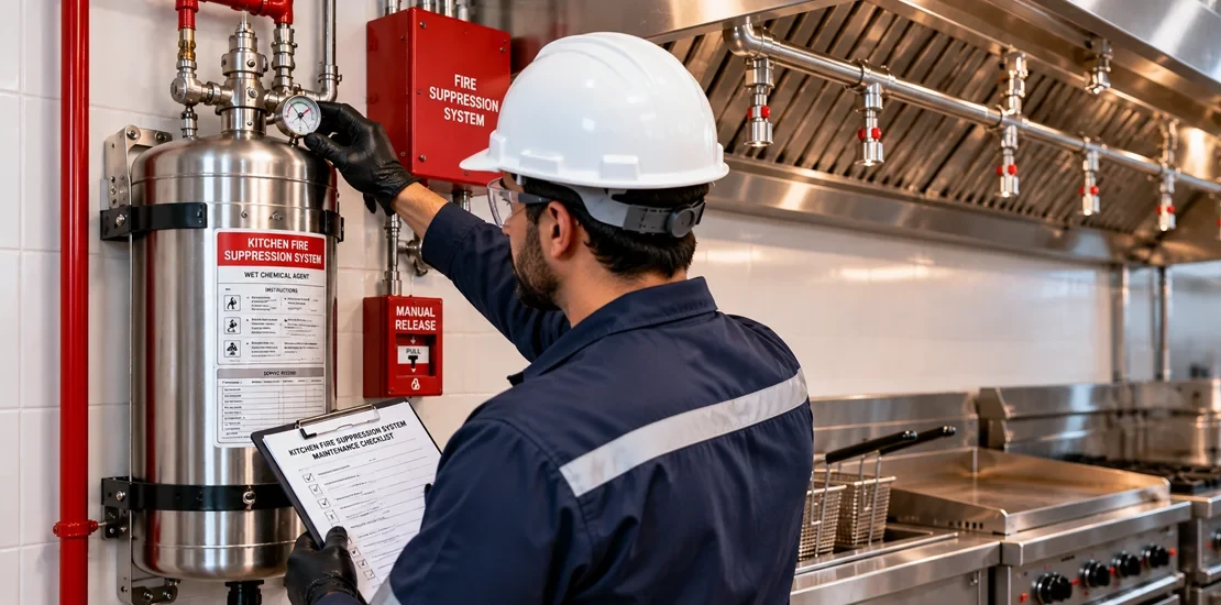 Technician inspecting the agent cylinder of a kitchen fire suppression system during semi-annual maintenance