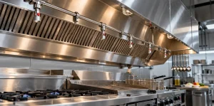 Kitchen fire suppression system nozzles installed above cooking appliances under a restaurant hood in Saudi Arabia