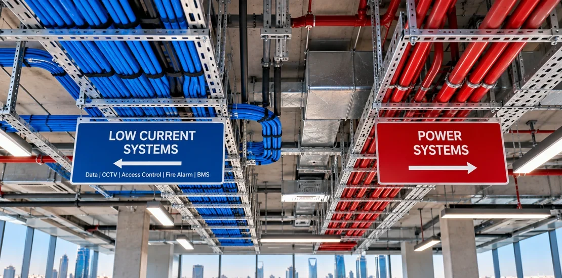 Separate cable trays for low current systems and power cables in a commercial building ceiling