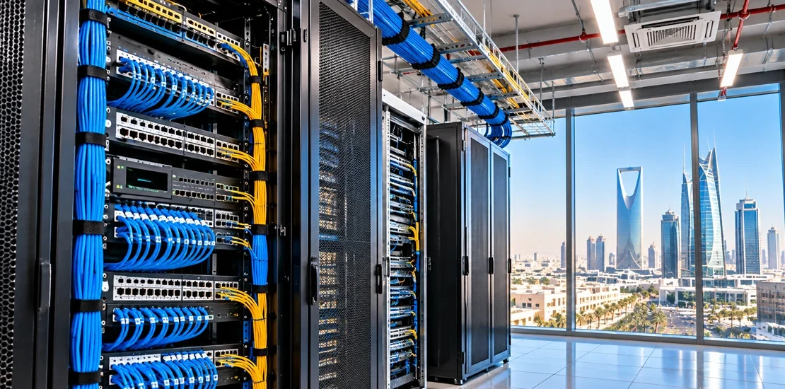 Low current systems network rack with structured cabling in a commercial building in Saudi Arabia