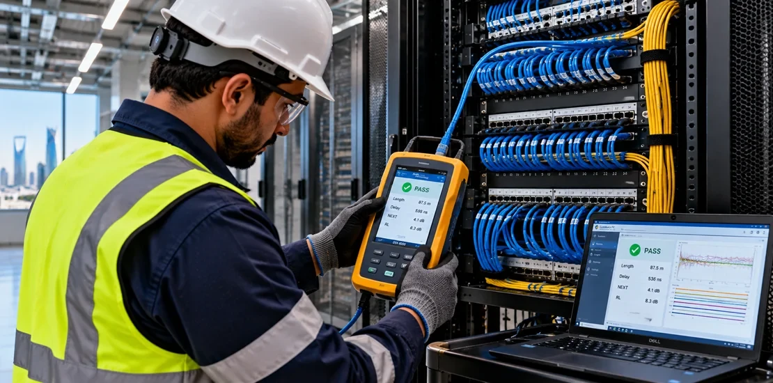 Technician testing and commissioning low current systems in a telecom room using a cable certifier