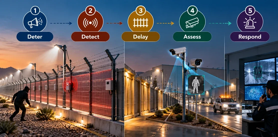 Diagram of the five layers of perimeter security systems: deter, detect, delay, assess, and respond