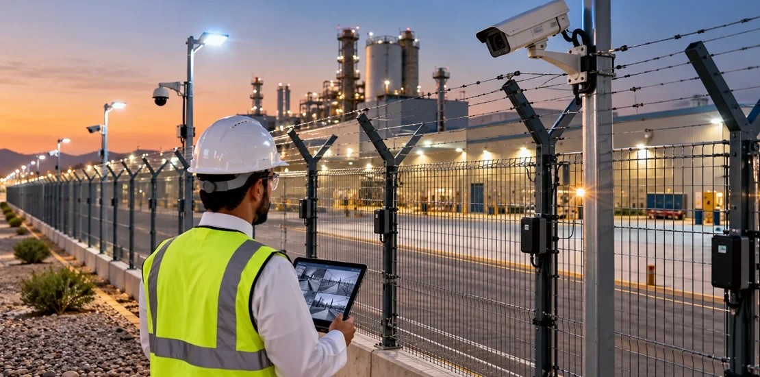 Perimeter security systems with fence sensors, CCTV cameras, and lighting protecting an industrial site in Saudi Arabia