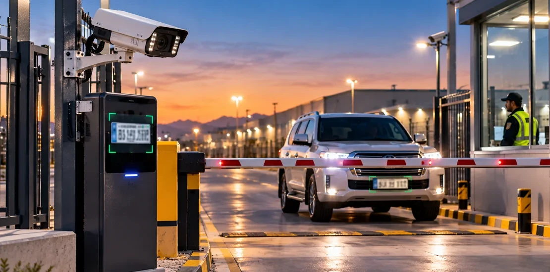 Vehicle gate with barrier and license plate recognition camera integrated with perimeter security systems