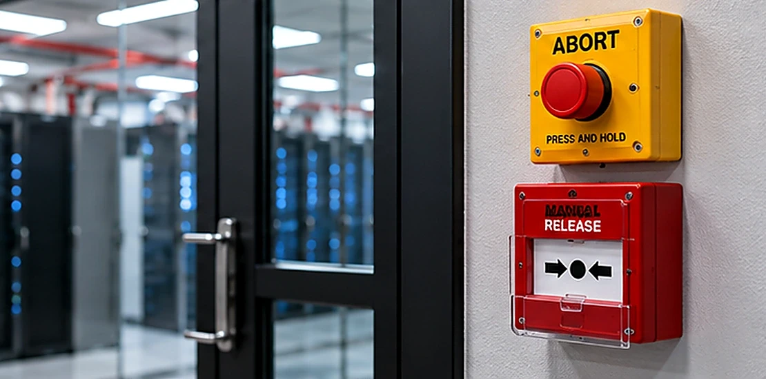 Abort switch and manual release station at the door of a server room fire suppression protected area
