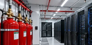 Server room fire suppression system with clean agent cylinders and nozzles protecting server racks in a data center