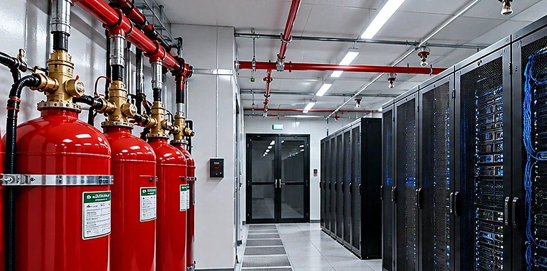 Server room fire suppression system with clean agent cylinders and nozzles protecting server racks in a data center