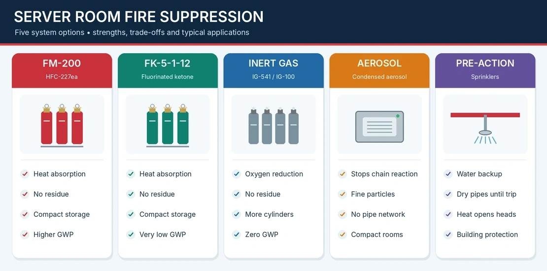 Comparison chart of server room fire suppression options: FM-200, FK-5-1-12, inert gas, aerosol, and pre-action sprinklers